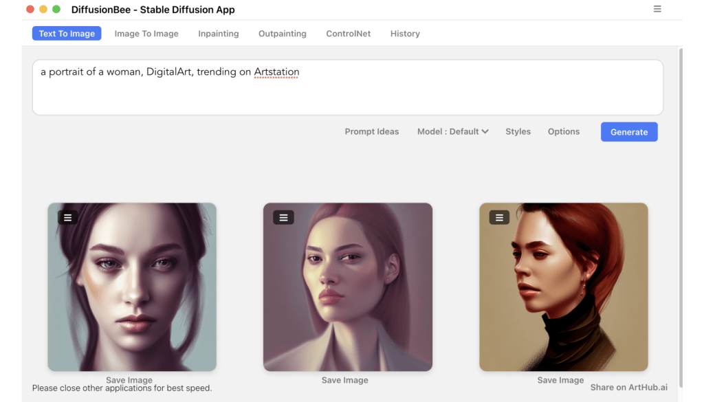 A screenshot of DiffusionBee, showing how Stable Diffusion can understand and generate the concept of a woman