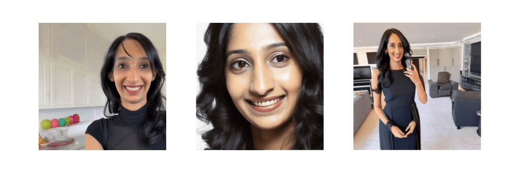 Three images that an AI attempted to create of Neha Patki. They have incorrect proportions and too many appendages.