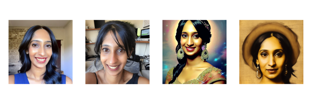 4 image of Neha Patki generated by an AI. Some are realistic and others are stylized.