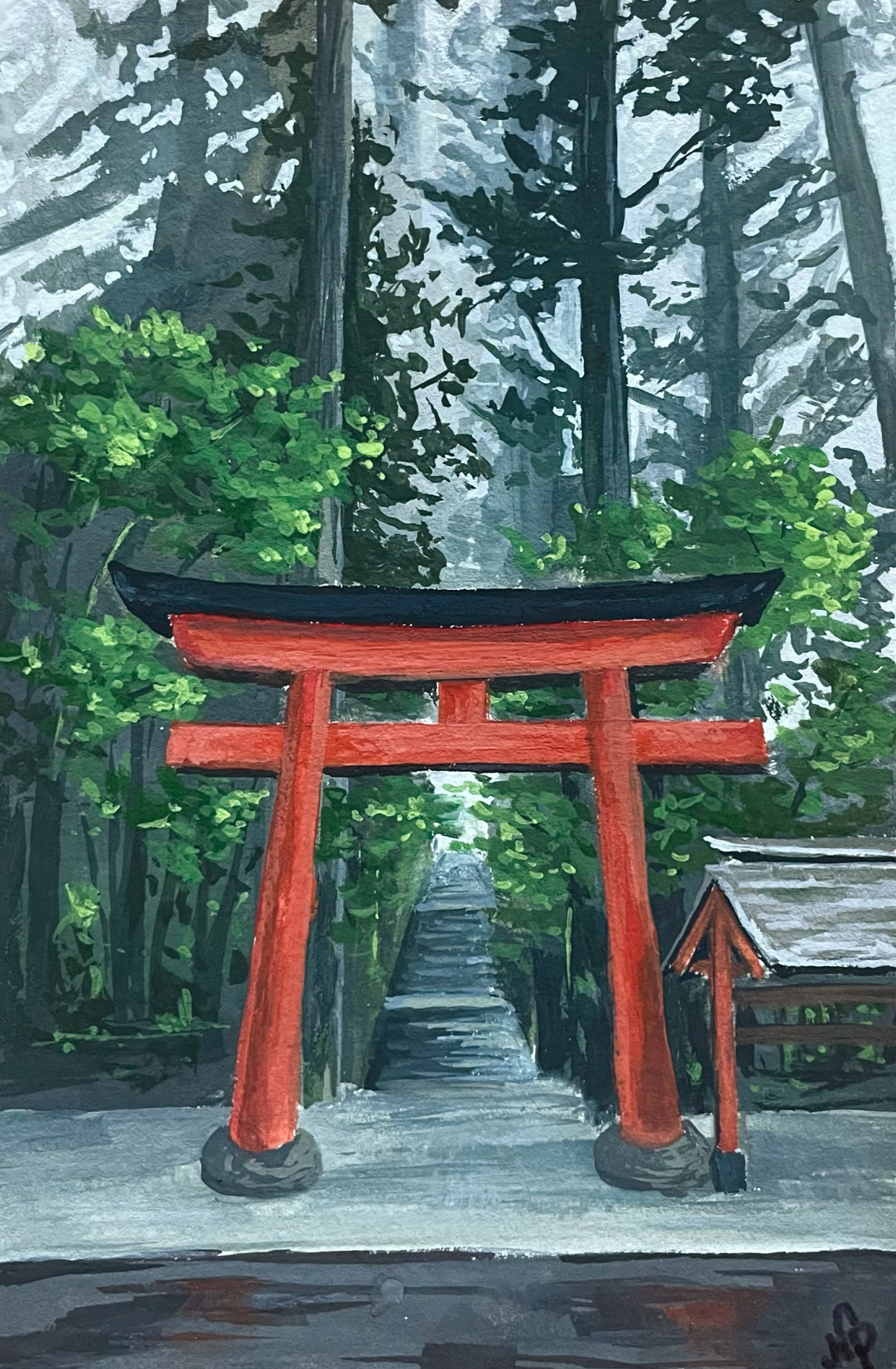 A gouache painting of a Japanese shrine