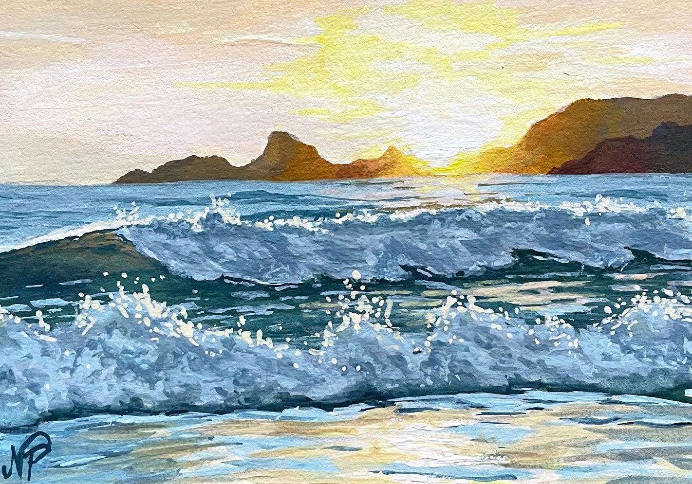 A painting of waves crashing on the shore