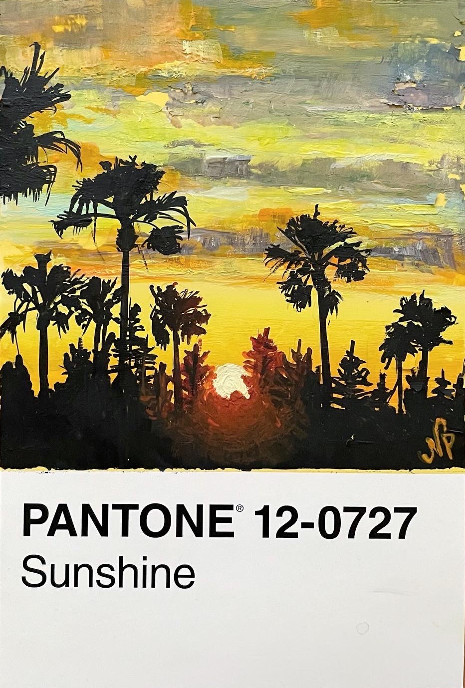 A Pantone postcard painted with a sunset