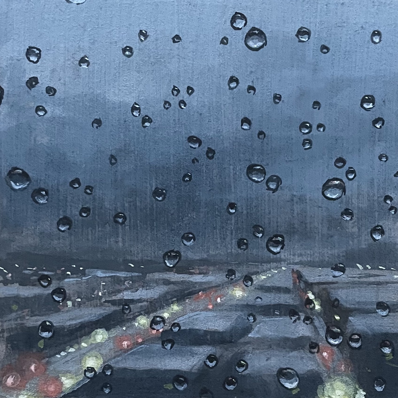 A painting of an aerial city view with raindrops