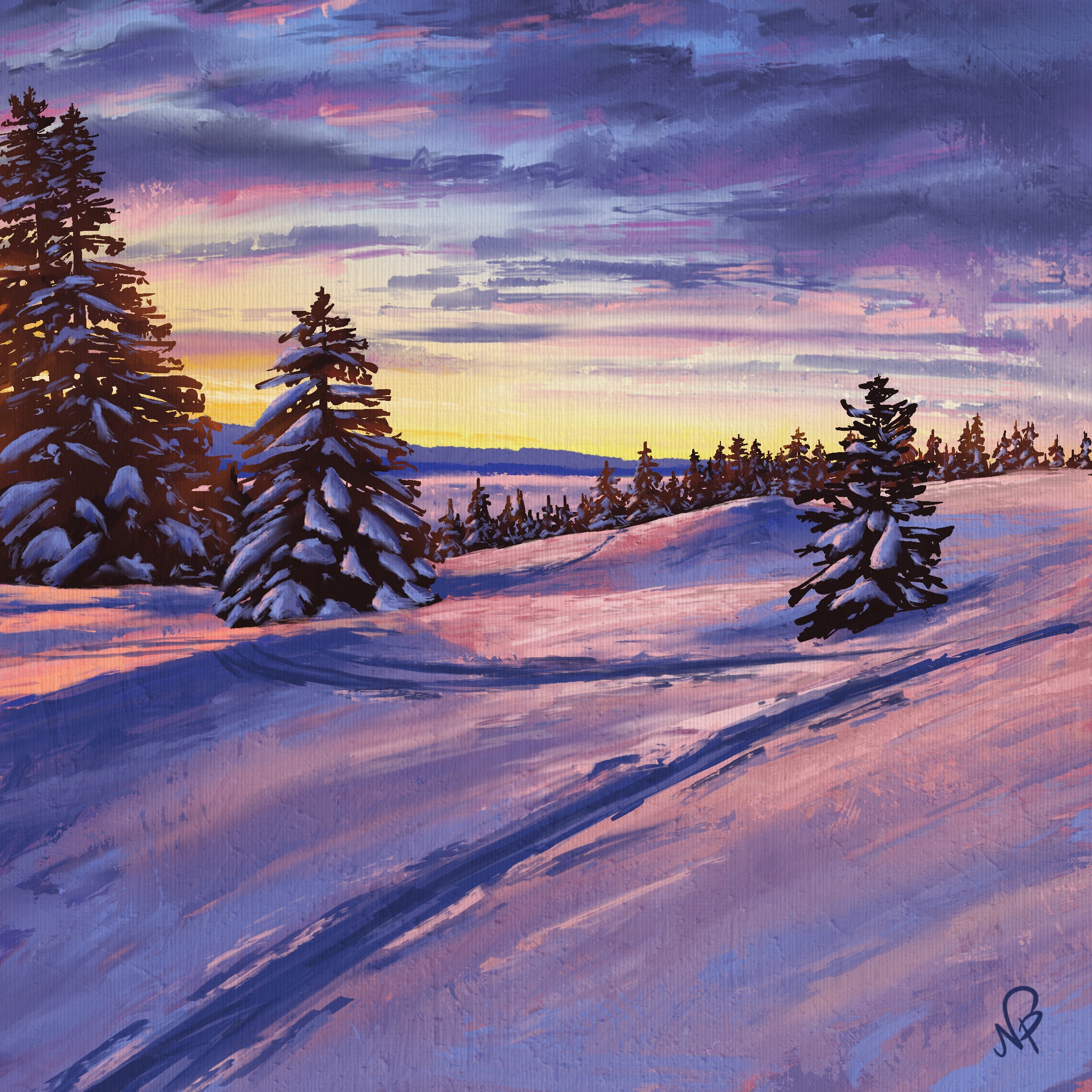 A digital painting of a snowscape at sunset